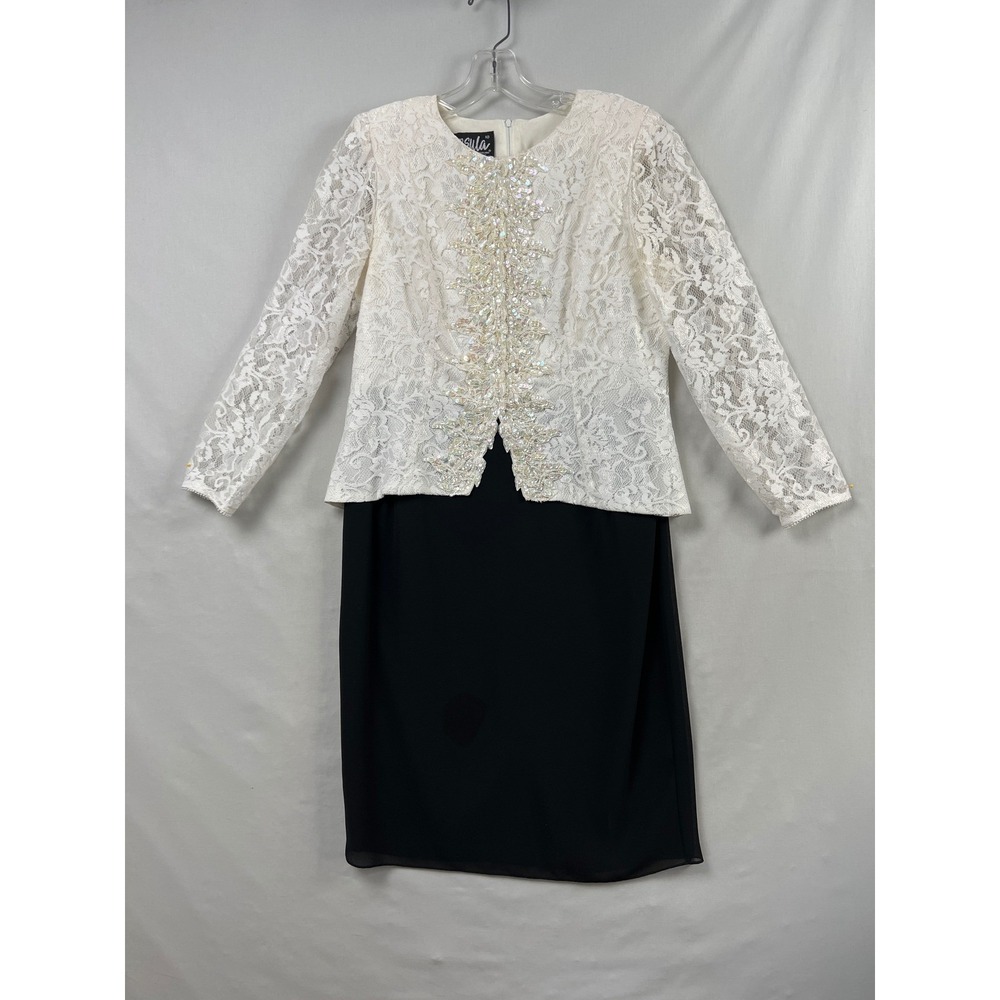 Ursula of Switzerland Dress Women 10P White Black Lace Sequin Beaded Formal Midi